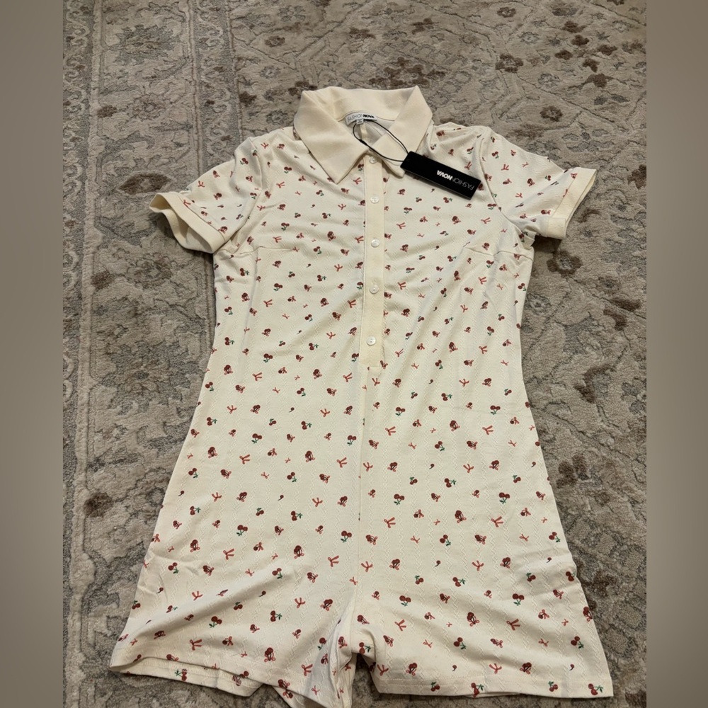 Fashion Nova Cream Romper with Red Floral Accents